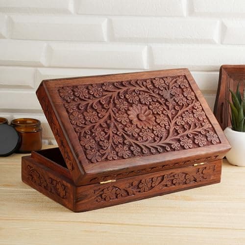 Image of Ajuny Wooden Jewellery Box 8 x 5 inch Handmade Hand Carved Floral Design Keepsake Box Vintage Trinket Storage Treasure Chest Decorative Jewellery Organiser Gift Box