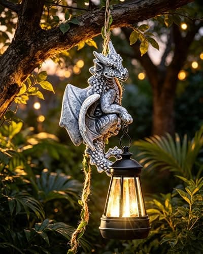 Image of Goodeco Solar Light Outdoor Statues, 6.3" H Resin Dragon Climbing On a 60cm Vine with LED Lantern, Waterproof Hanging Animal Figurine with Hook for Yard Garden Wall Balcony Tree Decoration