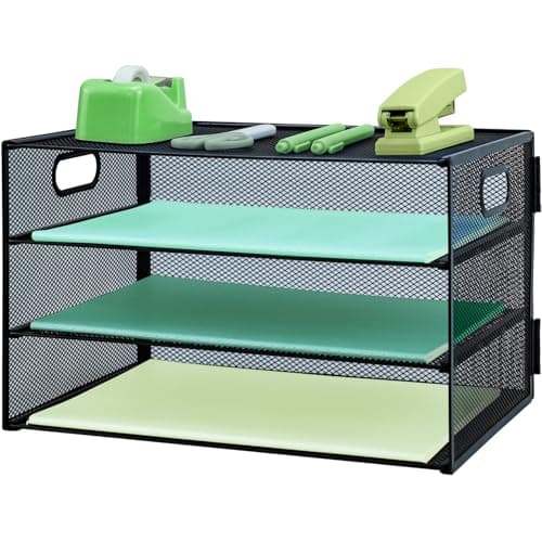 Image of IOUGDSEC Paper Letter Tray with Handle, 3 Tier Metal Mesh Desk File Organizer, A4 Paper Desktop Filing Trays, Desk Tidy Magazine Document Holder for Home Office, Black