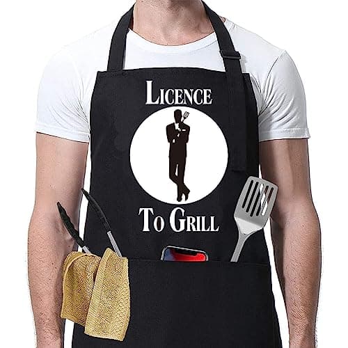 Image of Licence to grill 007 apron gift for him man dad day ladies cooking chef novelty 30th 40th 50th 60th Birthday Christmas Stocking Filler Secret Santa Rude Silly Presents Him Husband Dad Boyfriend Uncle