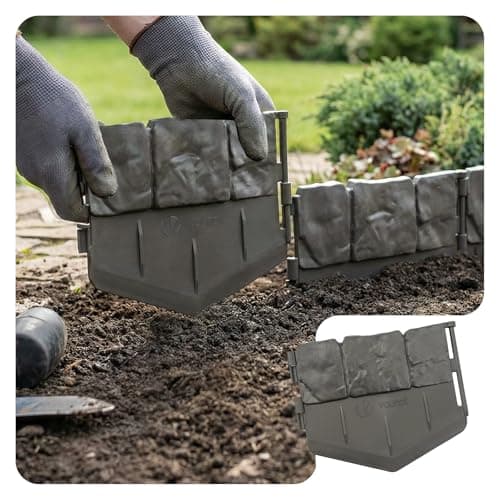 Image of VOUNOT® Lawn Edgnig Border 5.35m, Stone Effect Plastic Garden Edging, No-Dig Decorative Lawn Border for Paths, Lawns & Flower Beds, Set of 35, Grey