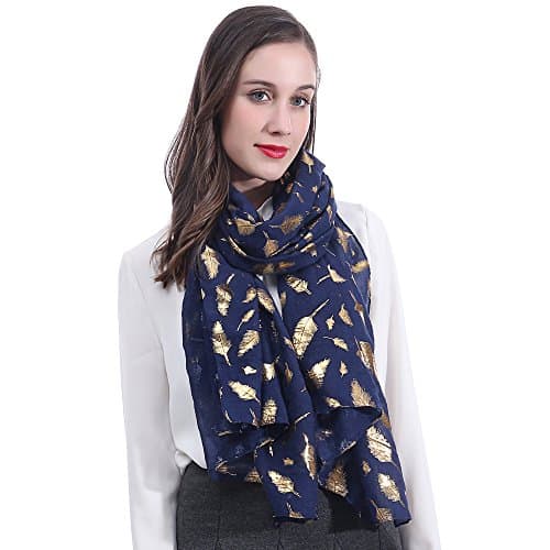 Image of Lina & Lily Metallic Gold Silver Foil Feather Women's Scarf Shawl Wrap Lightweight (Navy Blue-Gold)