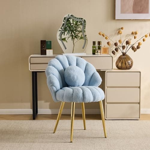 Image of Bonnlo Armchair Accent Chair, No Wheels Teddy Fleece Dressing Table Chair with Golden Legs for Vanity, Shell-Shaped Desk Chair with Cute Small Pearl Deco Pillow for Bedroom/Living room, Sky Blue