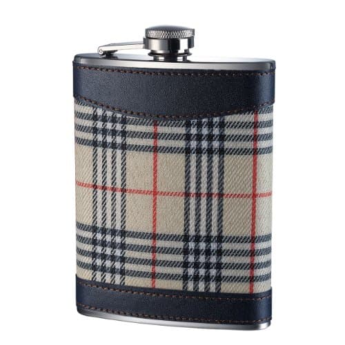 Image of Hip Premier Housewares flask Mini Hip Flask for Men, 8oz, Stitched Leather Trim, Cream Tartan Fabric, 14hx10wx3d