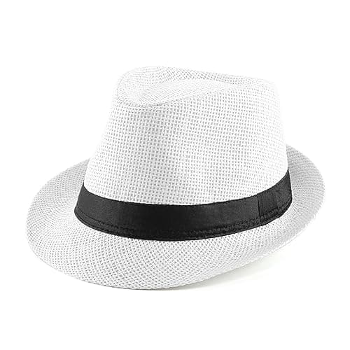 Image of Faletony Unisex Fedora Hat Trilby Straw Hats Summer Panama Beach Sun Cap,White