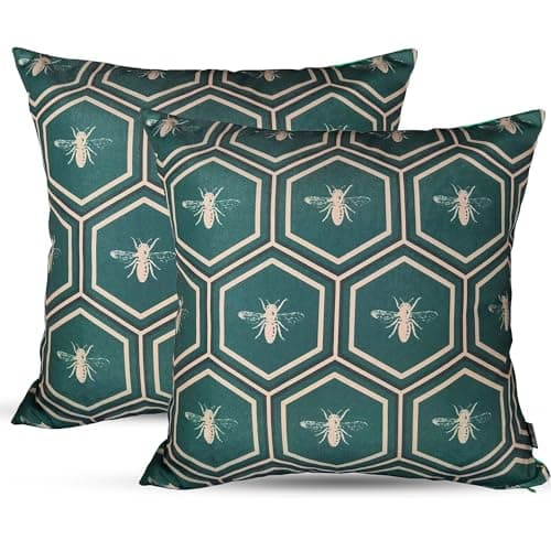 Image of POSHLIVING 2 Pack Outdoor Cushions Waterproof FILLED 45x45cm With Invisible Zippered Outdoor Garden Cushions Waterproof 18"x18" With Cushion Covers & Pillow For Living Room Garden Sofa (Bees)