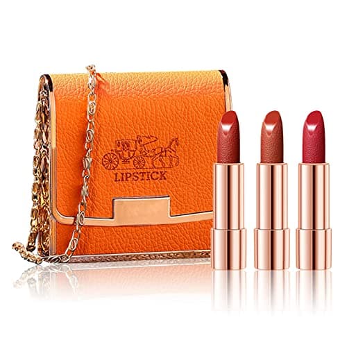 Image of Matte Lipstick Set 3 Colors Lip Stick with Orange Chain Bag Package Velvet Lip stick Gift Box Set Waterproof Non-Stick Cup Long Lasting Retractable Red Lipstick Set 3.5gx3 Pcs