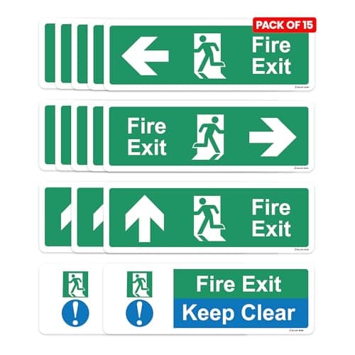 Image of RDLCAR Safety Fire Exit Arrow Signs Pack of 15 Includes Left Right Up Arrows and Fire Exit Keep Clear Signs Self Adhesive 300mm x 100mm Door Mount Signage
