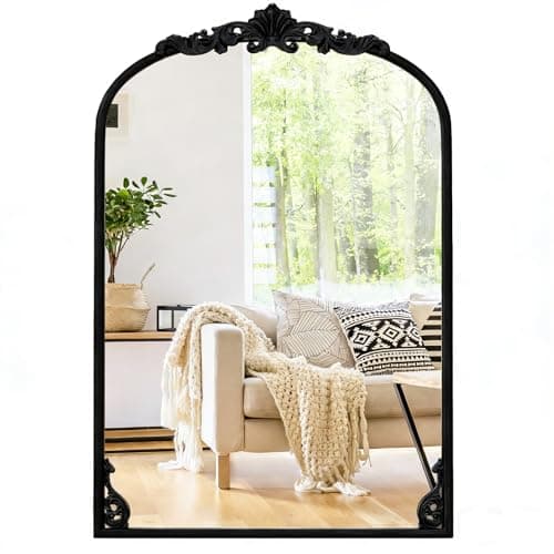 Image of COSTWAY Decorative Wall Mirror, Vintage Ornate Baroque Arched Mirror with Hanging Hooks, Metal Frame Accent Wall Mounted Vanity Mirrors for Hallway, Living Room and Bedroom (Black, 76 x 51cm)