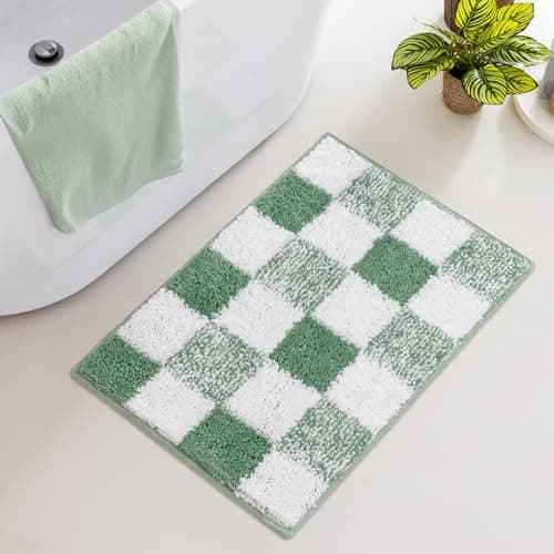 Image of GRANNY SAYS Bath Rug 40 x 60 cm, Checkered Green Bathroom Mat, Non Slip Bathroom Mats Washable, Super Absorbent Bathmat, Plush Soft Bath Rugs for Floor Decorative