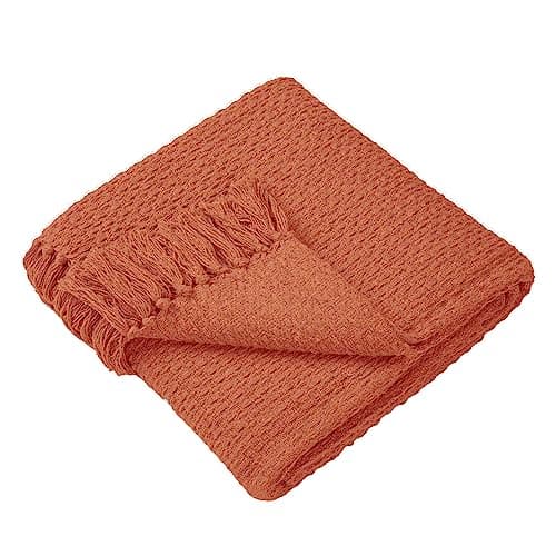 Image of Drift Home - Terracotta Throw Blanket With Tassel (180 x 130cm) - Sustainable Recycled Cotton - Woven Basket Weave - Textured Sofa Throw Orange - Large