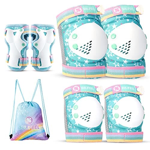 Image of SULIFEEL Shiny Knee Pads for Kids Knee Elbow Pads Wrist Guards for Girls Boys Adjustable Protective Gear Set with Drawstring Bag Rainbow Unicorn
