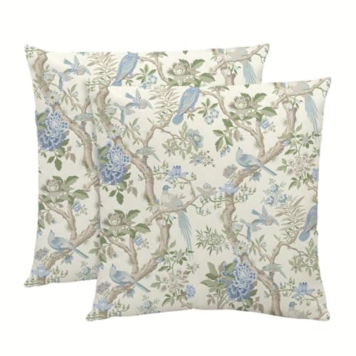Image of NIULAA Velvet Cushion Covers Blue Floral 2 Pack Cushion Cover 40cm x 40cm Double Sided Birds Peony Flowers Throw Pillows 16 x 16 Inches Luxury Decorative Cushions Art Deco Square Pillow Cases