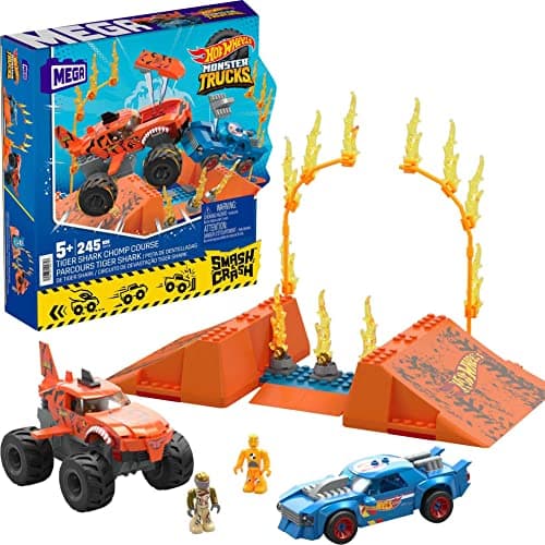 Image of MEGA Hot Wheels Monster Trucks Building Toy Car, Smash & Crash Tiger Shark Chomp Course with 245 Pieces, 2 Figures and 1 Ramp, Kids Age 5+ Years, HKF88