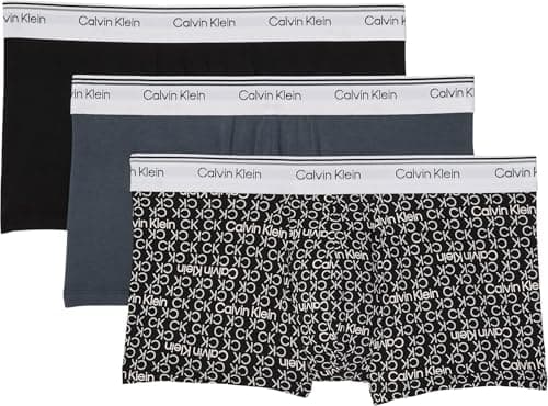 Image of Calvin Klein Men’s 3 Pack Balance Trunks with Logo Waistband, Multicolor (Black/Wrapped Logo_Black/Regatta), S