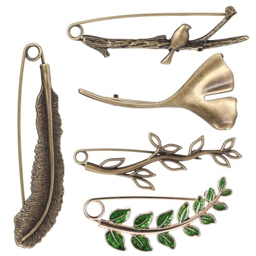 Image of 5Pcs Vintage Large Decorative Safety Pins, 5 Styles Vintage Shawls Pins, Retro Tree Leaf Brooches, Fashion Sweater Lapel Pins for Dressing Up Shawls Wraps Skirts Scarf Blankets Hats Capes