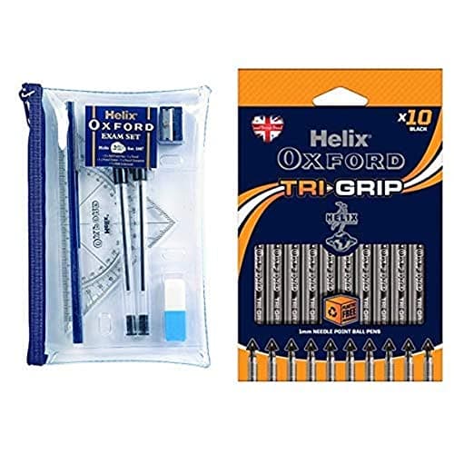 Image of Helix Oxford Filled Pencil Case Exam Kit & Helix Oxford Tri Grip Pens (10 Pack of Black)