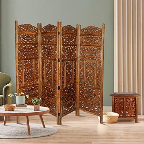 Image of Topfurnishing 4 Panel Room Divider Free Standing Mango Wood Hand Carved Folding Screen Partition Privacy Screen Decorative Headboard (Leaves Design, Light Brown, 200 x 180 cm)