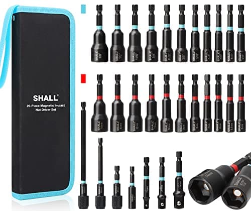 Image of SHALL 29PCS Magnetic Nut Driver Set, Impact Drill Bit 1/4'' Hex Shank, SAE & Metric Cr-V Steel Power Drivers with Quick-Release Extensions, Socket Adapters, Holder and Storage Bag