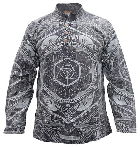 Image of Gheri Mens Mandala Print Stone Washed Hemp Cotton Handmade Long Sleeve Meditation Grandad Shirt Black XX-Large