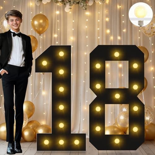 Image of Vimlits Large 4FT Light Up Numbers Birthday Decoration, Black Marquee Number Sign for 18th Party Anniversary Backdrop Wedding Big Mosaic Number Frame Foam Cardboard Pre-cut Number 18