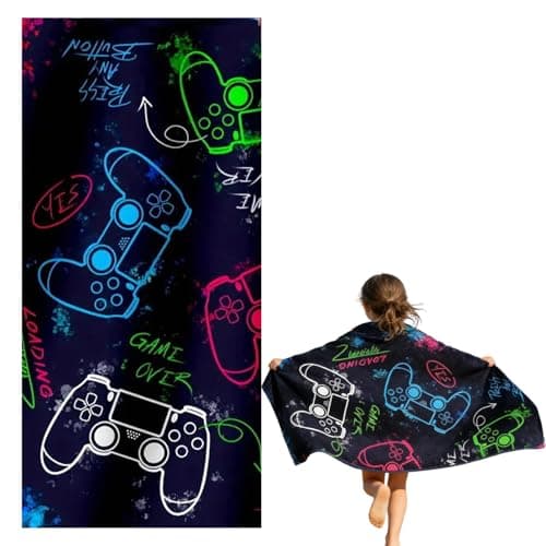 Image of Game Theme Kids Beach Towel, 150 x 75 CM Polyester Soft Towel, Super Absorbent Quick Dry Swim Towels for Kids, Sand Free SwimTowel, 3 D Gaming Pattern, Suitable for Bathroom Pool Camping Travel
