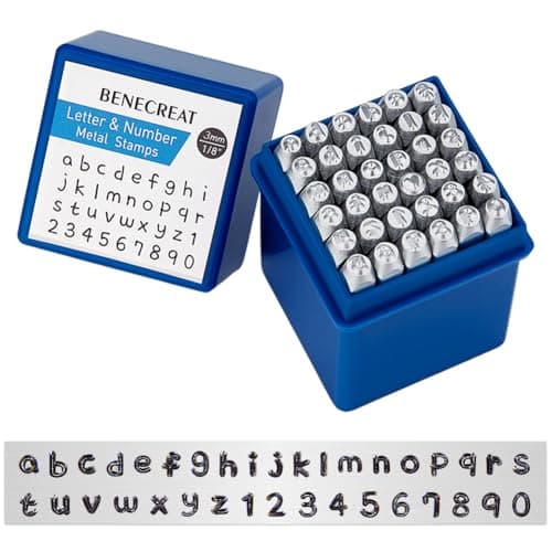 Image of BENECREAT 36 Pack (3mm 1/8") Low Case Letter and Number Metal Stamp Punches with Tool Case Matte Design Punch Stamps for Jewelry Wood Stamping
