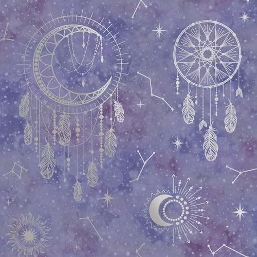 Image of Holden Decor Dreamcatcher Wallpaper - Modern Wallpaper for Bedroom, Nursery & Children’s Playroom - Decorative Luxury Wall Paper with Dreamcatchers, Suns, Stars, Moons & Star Signs (Purple & Silver)