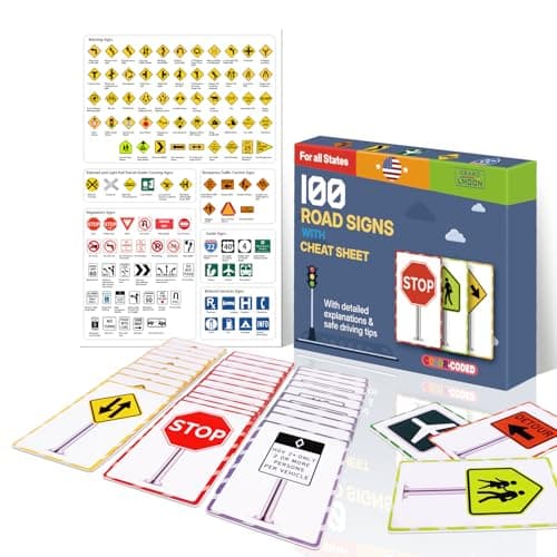 Image of 100 Road Sign Flash Cards with Cheat Sheet Color-Coded Detailed Explanation Safe Driving Tips Relevant Road Signs USA