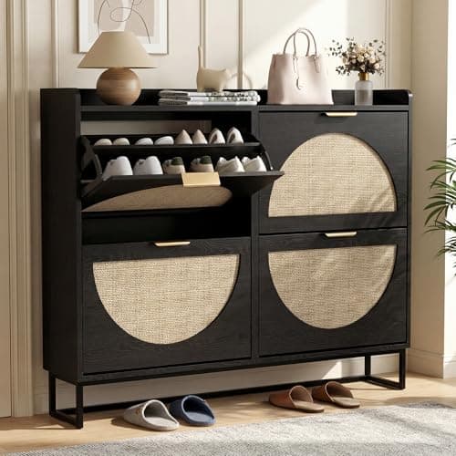 Image of BonVache Rattan Shoe Storage Cabinet Black with Adjustable Shelves, Storage Unit for Hallway, Wooden Shoe Organiser with 4 Flip Drawers, Entryway and Living Room