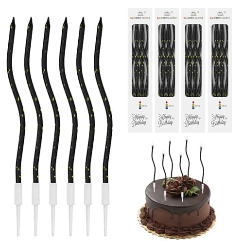 Image of 24 Pcs Black Birthday Candles Birthday Cake Candles Wedding Party Candle Birthday Candles with Holders Long Thin Candle for Birthday Wedding Anniversary Party Decoration (Curved)