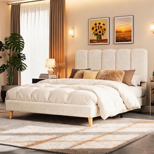 Image of Crevyteg Modern Bouclé Upholstered Double Bed Frame 4ft6 135x190cm, Adjustable Wave Headboard, Sturdy Wooden Slats, Underbed Storage, Easy Assembly, Perfect for Expert or Guest Room, Beige