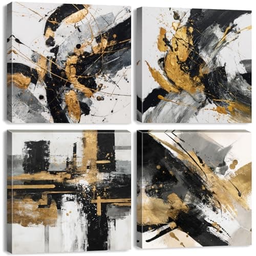 Image of 4 Piece Black and White Gold Wall Art Abstract Prints for Walls Modern Marble Texture Wall Decor Minimalist Ink Paintings Pictures for Living Room Neutral Poster Artwork Bedroom Decorations 12x12"