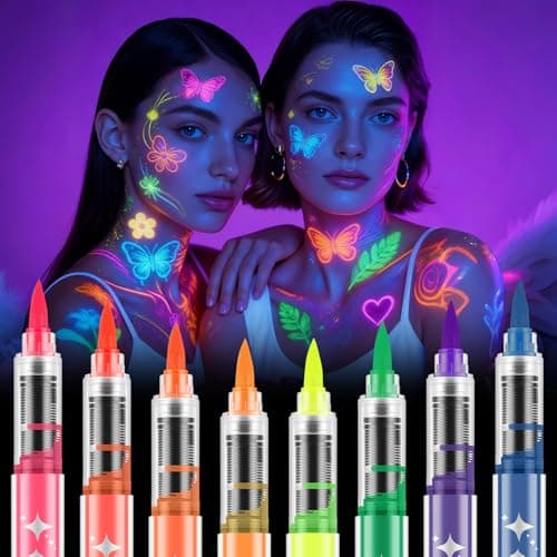 Image of AOOWU Glow in the Dark Face Paint Pens, 8 Colors Glow UV Neon Glow Face Paint Crayons Kit, Neon Face Paint Markers, UV Body Paint Kit Glow Under Blacklight for Adults Kids Halloween Makeup Party