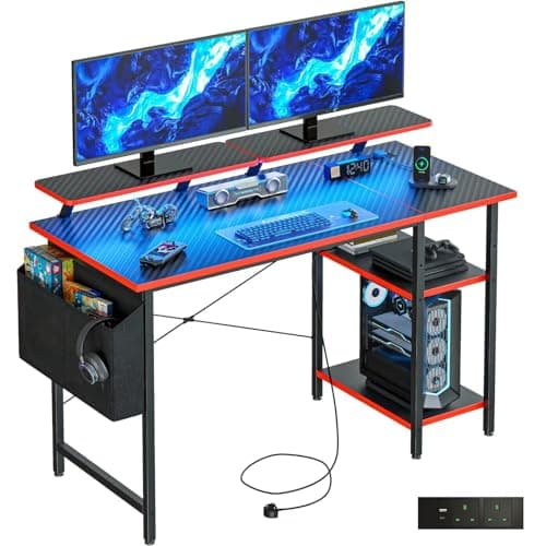 Image of DOMSHOCT Gaming Desk with LED Lights & Power Outlets, Reversible Computer Desk with Storage Shelves & Dual Monitor Stands, for Home Office & Study, 100×50cm Carbon Fiber Black