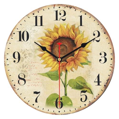 Image of VIKMARI Summer Sunflower Wall Clock, Vintage Unusual Kitchen Clocks, Silent Decorative Retro Rustic Wall Clocks for Living Room Bedroom Bathroom Dining Room, 12 Inch