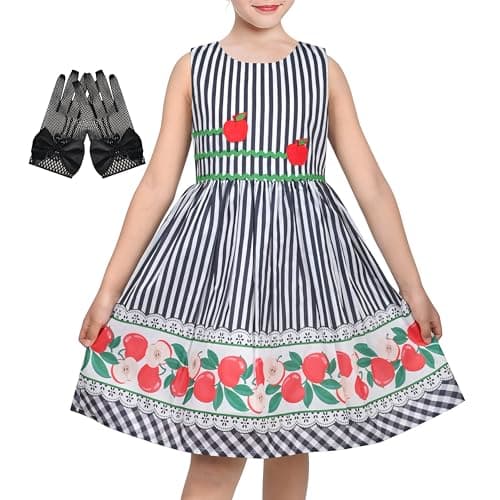 Image of Sunny Fashion Girls Dress Black White Striped Apple 1950s Retro Gingham Summer Party Halloween Age 4-5 Years