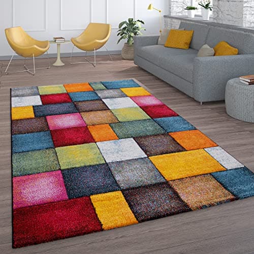 Image of Paco Home Short-Pile Living Room Rug Check Design Colourful Squares Multi-Coloured Colourful, Size:160x230 cm