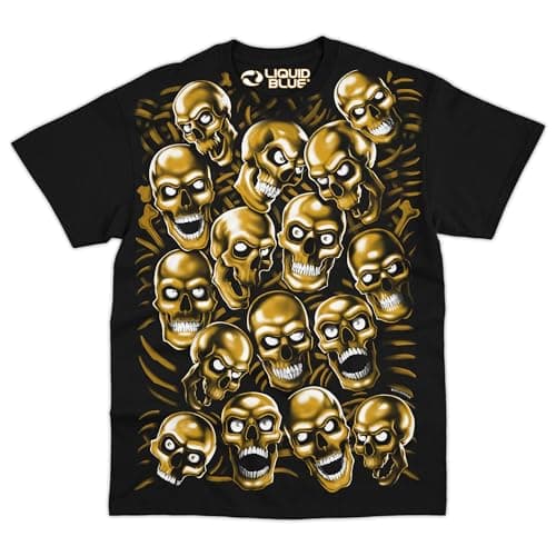 Image of Liquid Blue Skull Pile Graphic T-Shirt for Men – Iconic Skull Art Cotton Tee, Short Sleeve Streetwear, Gold/Black, XXL