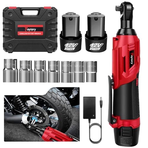 Image of Huini 12V Cordless Ratchet Wrench, 3/8" Electric Ratchet Wrench Kit 40N.m, 300 RPM,Impact Drive Ratchet Rattle Nut Gun with 2 x Lithium-Ion 1.5Ah Battery and Fast Charge,7 PCS Sockets,Red/Black
