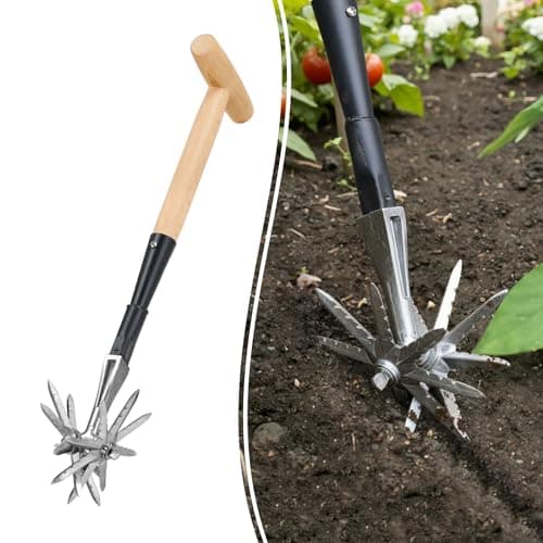 Image of Colwelt Manual Rotary Cultivator, Single-Tine Aluminum Grass Cultivator Tool, Garden Tiller with Ergo Wooden t-Handle, Hand Tiller Rotary Cultivator Tool for Flower Beds Cultivate, Aerate, Weed