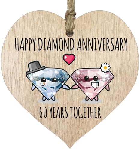 Image of 60th Wedding Anniversary Plaque Gift for Husband Wife - 60 Years Together - Happy Diamond Anniversary Wooden Heart for Women Men Partner, Light Wood Sign Keepsake Gifts