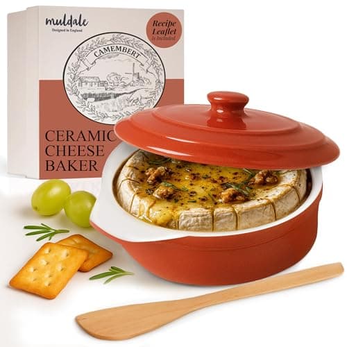 Image of Muldale Camembert Baking Dish - Camembert Cheese Baker in Red - Lead Free Brie Baking Dish with Lid - Baker Casserole - 14cm - With Spreader and Box
