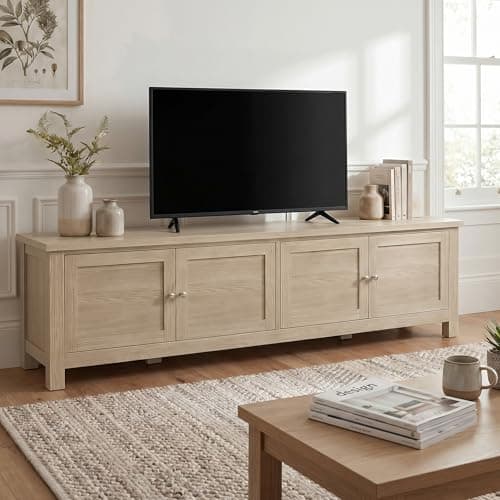 Image of Blisswood Large 180cm TV Unit for 55–80 Inch TVs, Traditional Style Painted TV Stand with Double Door Storage & Adjustable Shelves, Oak Effect Top, Wooden Entertainment Unit for Living Room, Oak