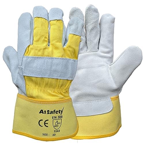 Image of A1SAFETY 5 Pairs Canadian Leather Rigger Work Gloves | Heavy Duty Safety Gauntlets | Thorn Proof Gardening Gloves | Men Women Ladies Red Grey Size XL (Yellow)