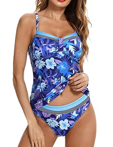 Image of Aottori Women Tankini Sets with Brief Shorts Ladies Summer 2 Piece Printed Swimwear Bathing Suit UK Blue Flowers L