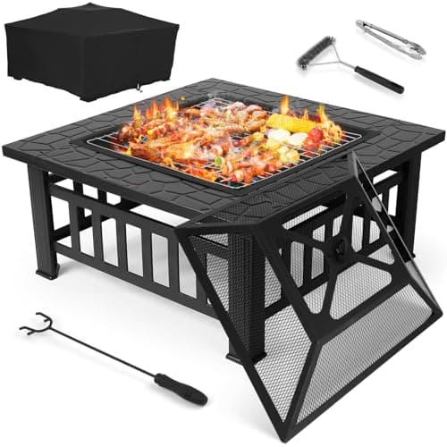 Image of TLSUNNY Garden Fire Pit, 81cm 3-in-1 Square Fire Table with Grill Grate, Spark Screen, Cleaning Brush, Waterproof Dust Cover, Coal Grid, Poker, Grill Tong, 4pcs Leges for Patio, Camping