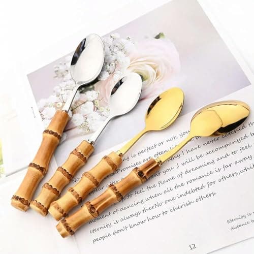 Image of 6/24Pcs Purely Natural Bamboo Handle Silver Cutlery Set Tableware Set Knife Spoon Fork Flatware Stainless Steel Dinnerware Set,24pcs Gold