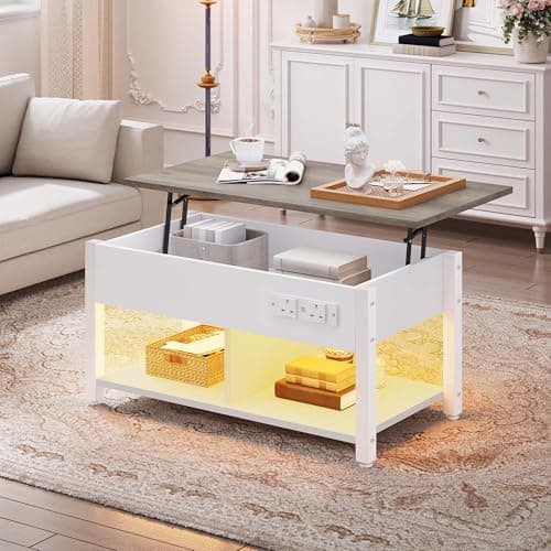Image of YITAHOME Lift-Top Coffee Table, Easy Adjustable Height with Hidden Storage, Rectangular Coffee Table with 2-Tier Storage, Power Outlets, Multi-Color LED Lighting for Living Room, White and Grey