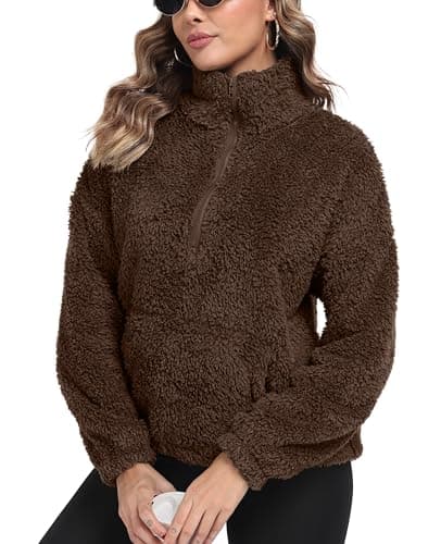 Image of IWOLLENCE Womens Fleece Sweatshirts Sherpa Teddy Fleece Jumper Half Zip Borg Fleece Women Winter Clothes with Kangaroo Pocket Casual Warm Jacket (Coffee, XL)